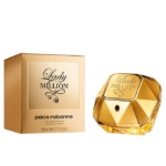 Parfum Lady Million Paco Rabanne, flacon or élégant, vaporisateur parfum femme riche et féminin.