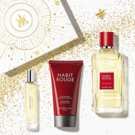 Parfum Guerlain Habit Rouge avec coffret cadeau, gel douche et eau de toilette.