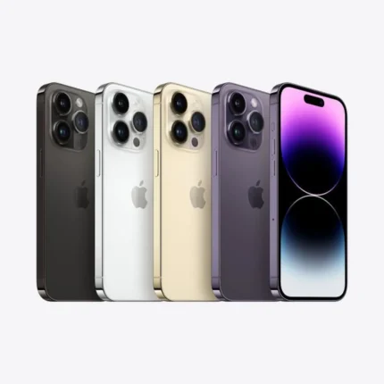 IPhone 14 Pro Max en plusieurs couleurs avec caméra triple et écran AMOLED vibrant.