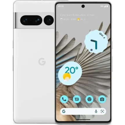 Smartphone Google Pixel 7 avec écran affichant la météo et des notifications.