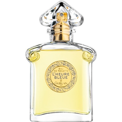 Parfum L’Heure Bleue de Guerlain, flacon élégant en verre avec parfum jaune clair très sophistiqué.