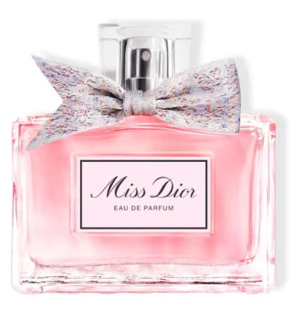 Miss Dior Eau de Parfum avec nœud coloré, flacon élégant, parfum féminin, luxe, beauté et mode.