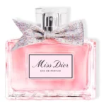 Miss Dior Eau de Parfum avec nœud coloré, flacon rose élégant.