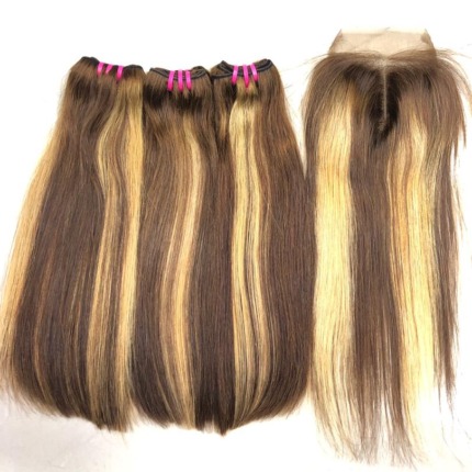 Extensions de cheveux à clip bicolores blondes et brunes, faciles à poser pour changer de look.