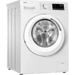 Lave-linge blanc moderne avec porte en verre et tableau de commandes numérique.